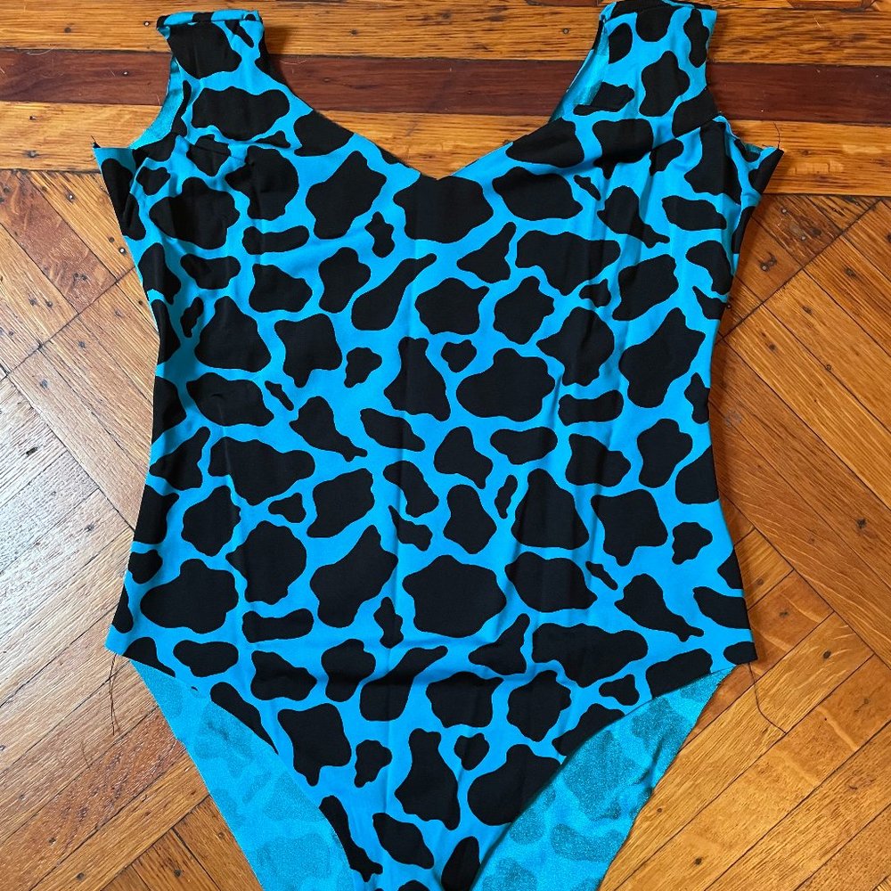 Neon Blue Cow Print Spandex Leotard Size 10